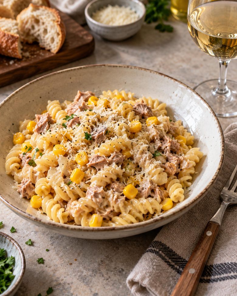 Fusili Laguna – kremasta pasta sa tunjevinom i kukuruzom, servirana u keramičkom tanjiru uz čašu belog vina.