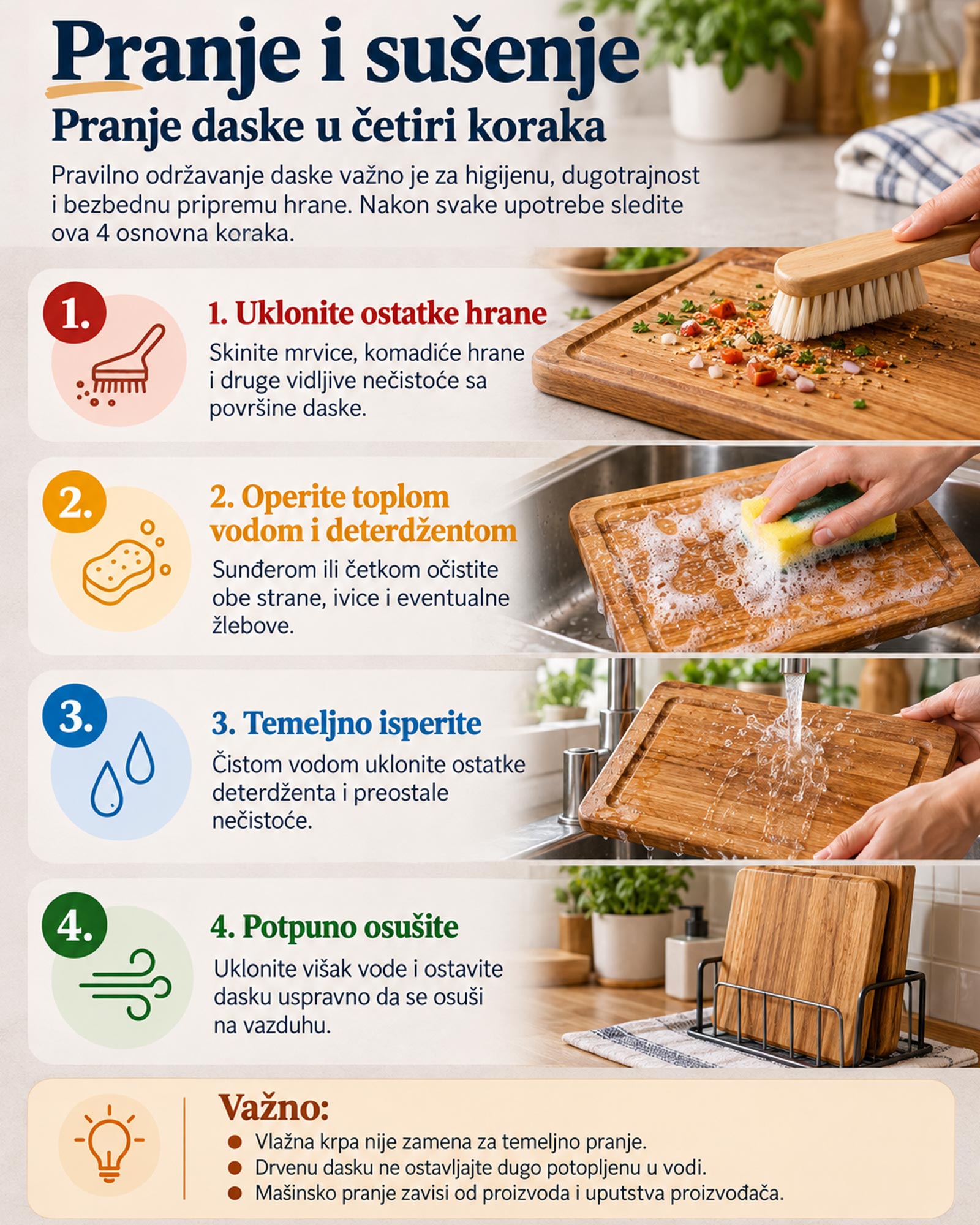 Infografika prikazuje četiri koraka pranja daske za sečenje: uklanjanje ostataka hrane, pranje toplom vodom i deterdžentom, ispiranje i potpuno sušenje.