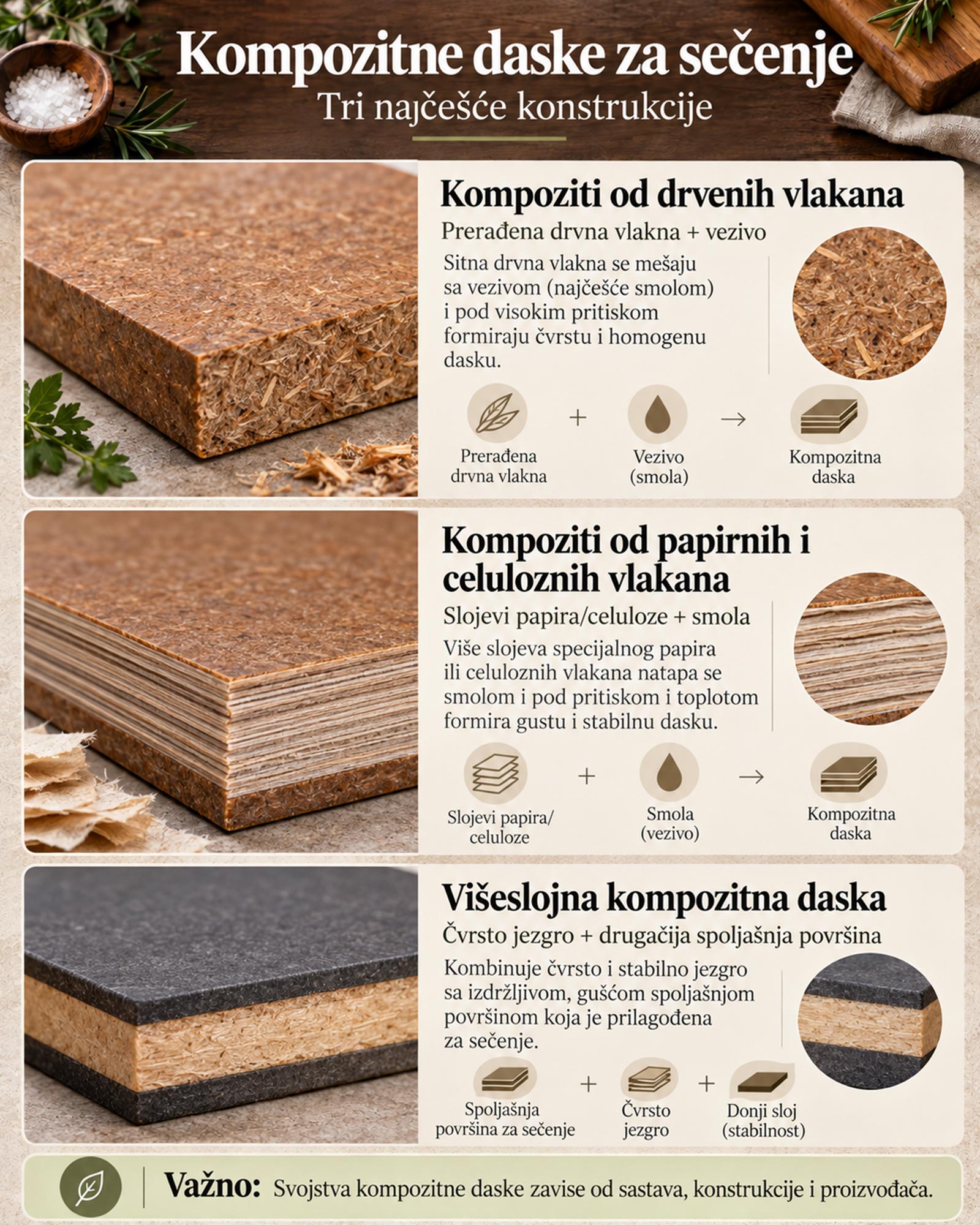 Infografika prikazuje tri konstrukcije kompozitnih dasaka za sečenje: drvena vlakna sa vezivom, presovana papirna vlakna i višeslojno jezgro.