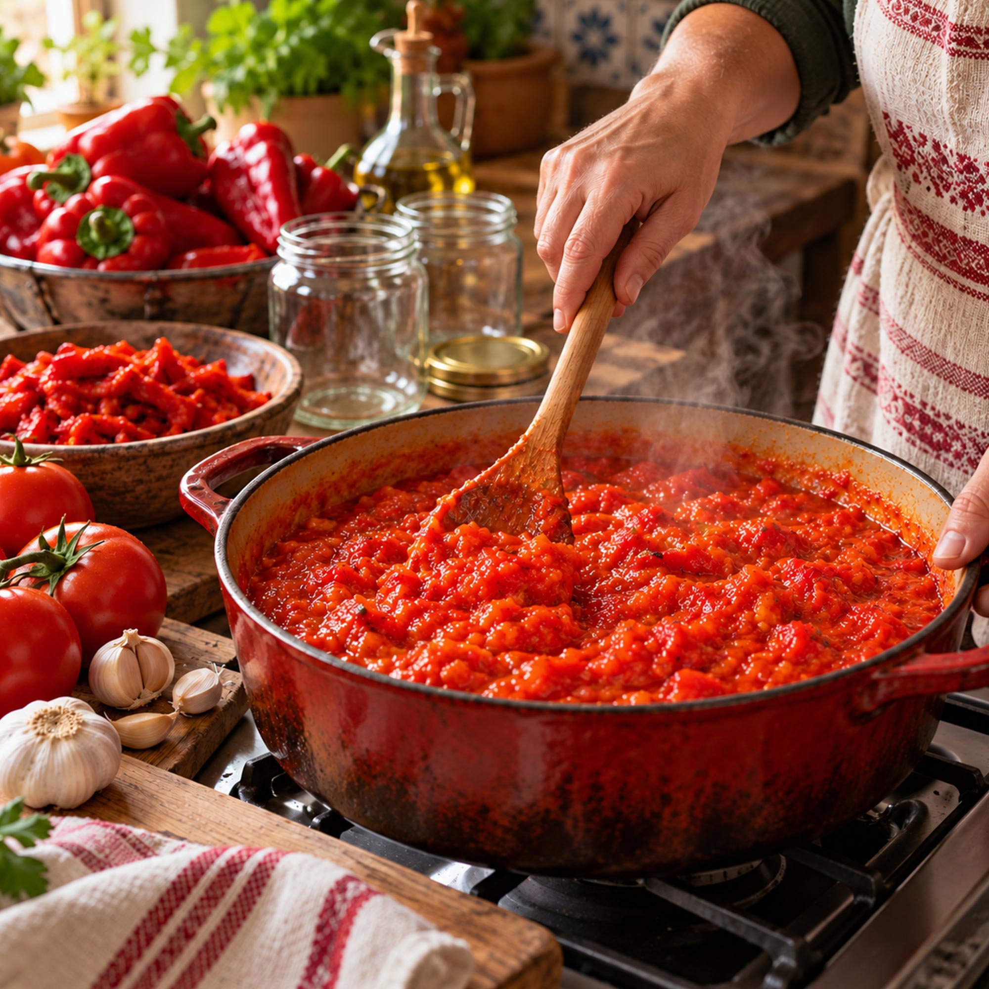 Kuvanje ljutenice od paradajza i paprika u velikoj šerpi uz sveže povrće i pripremljene tegle