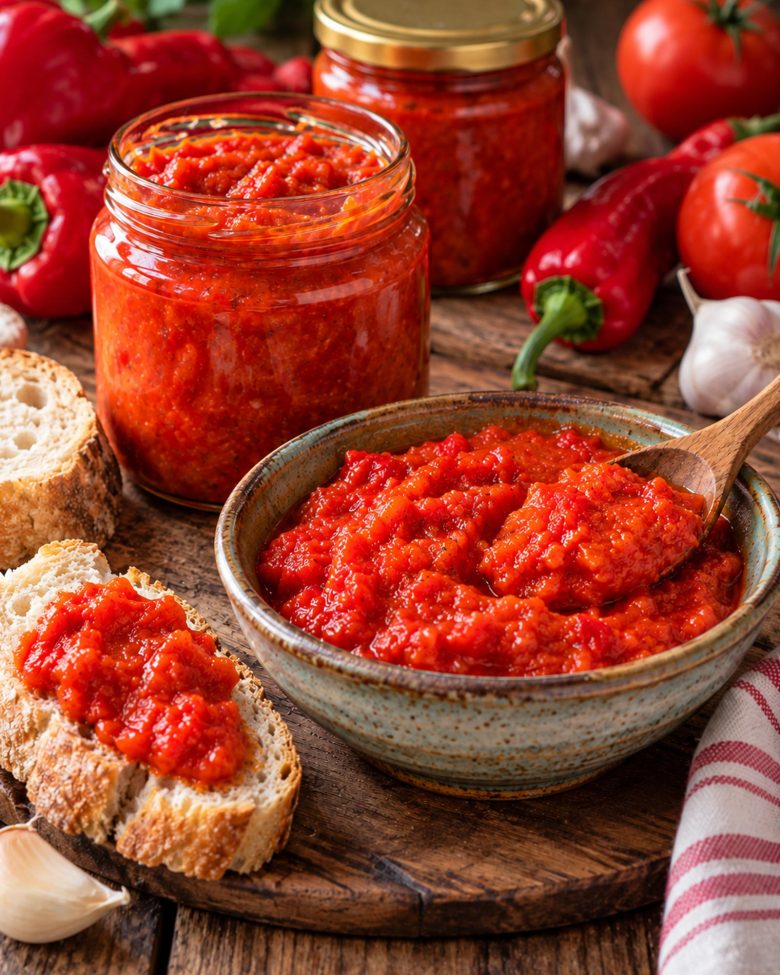 Domaća ljutenica od paradajza i paprika servirana u tegli i činiji uz hleb