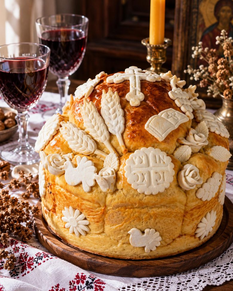 Mrsni slavski kolač sa zlatnom korom i tradicionalnim belim ukrasima od testa, poslužen na svečanom stolu uz vino i slavsku sveću.