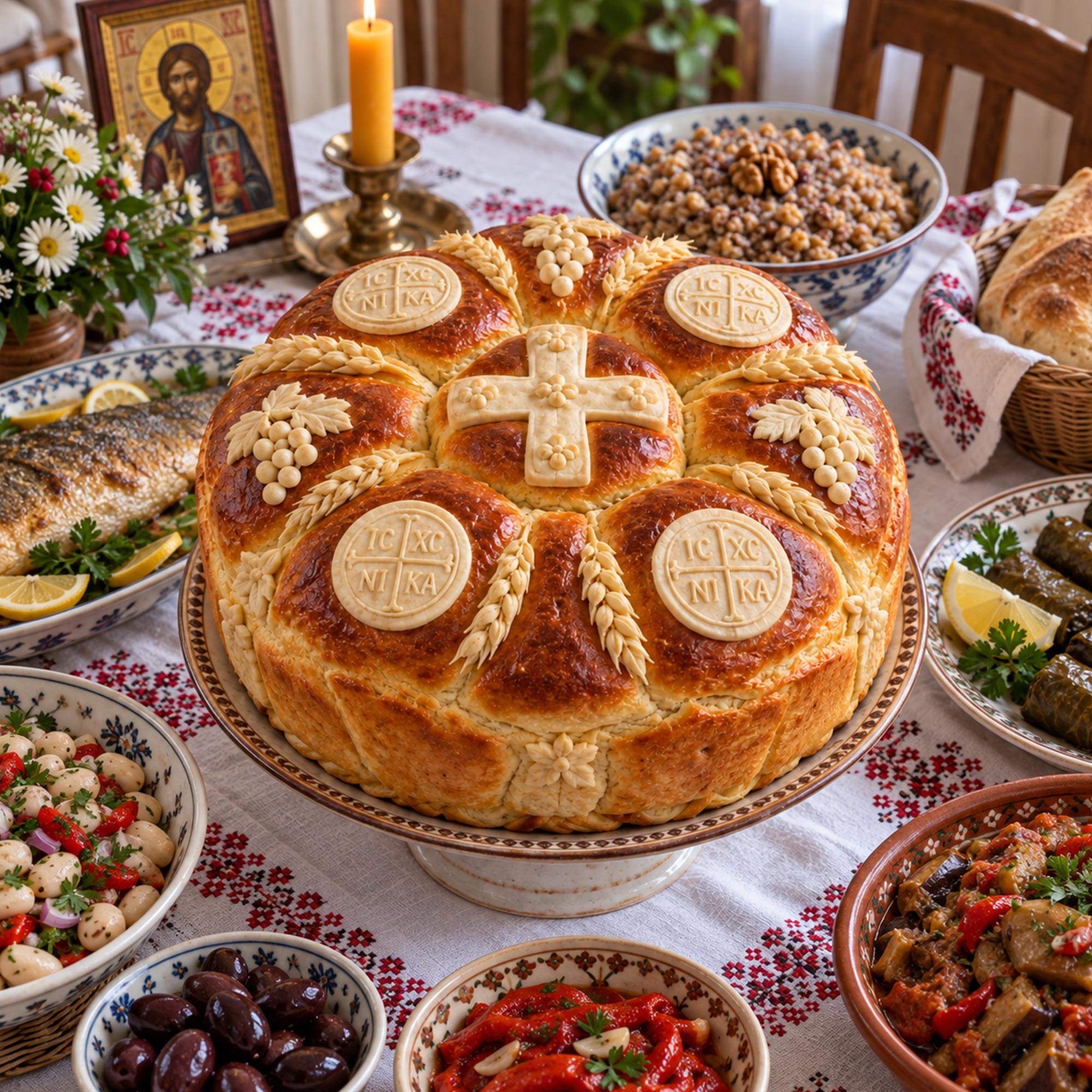Tradicionalni posni slavski kolač sa belim ukrasima, serviran uz slavsko žito, sveću, pečenu ribu, posne salate i druga slavska jela.