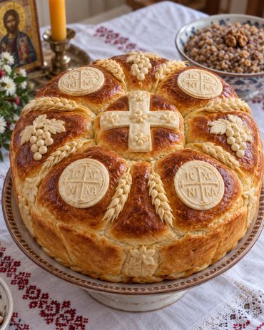 Posni slavski kolač sa rumenom koricom, belim ukrasima od testa, krstom i slavskim pečatima, serviran na svečanom stolu.
