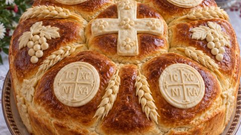 Posni slavski kolač sa rumenom koricom, belim ukrasima od testa, krstom i slavskim pečatima, serviran na svečanom stolu.