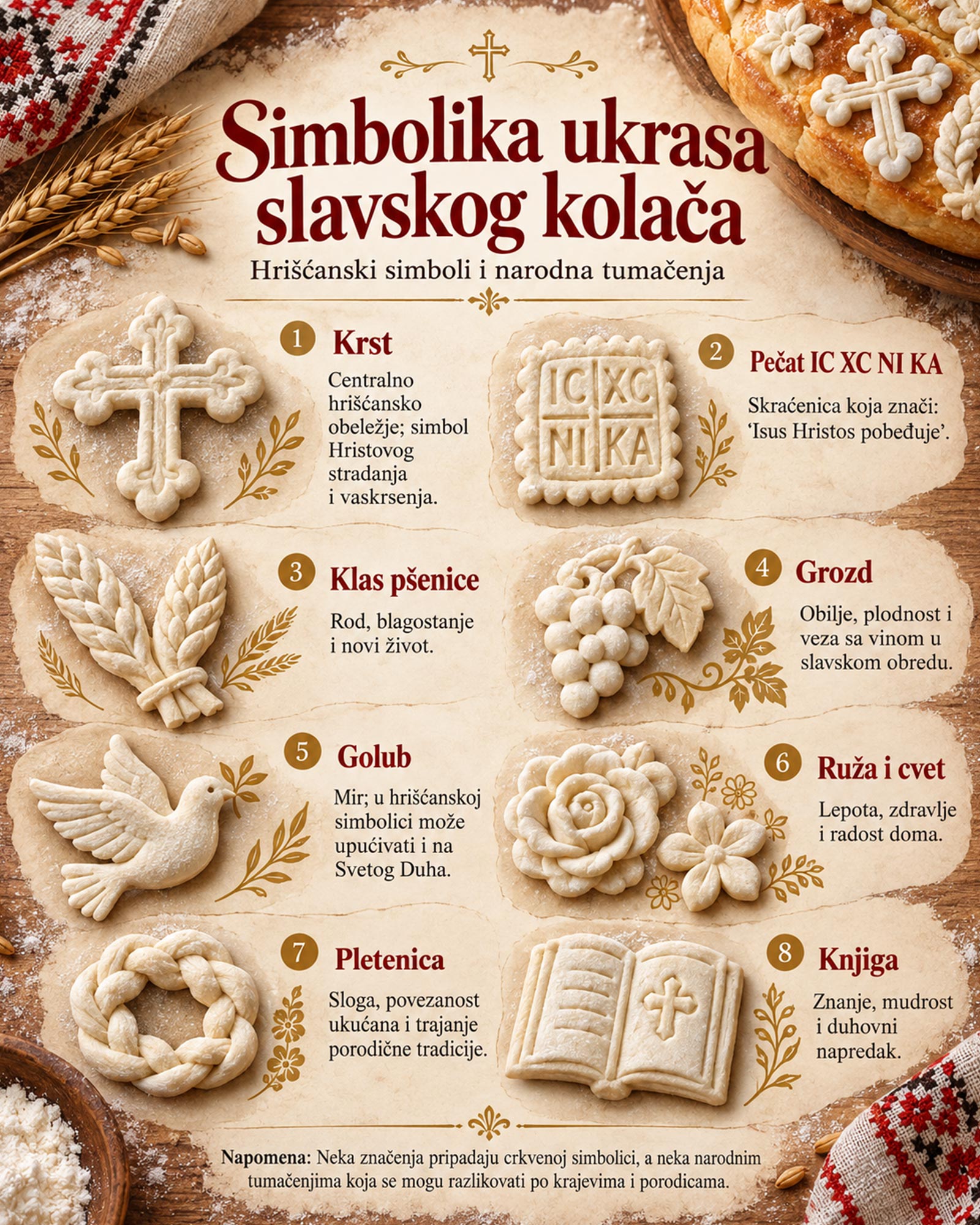 Infografika prikazuje osam tradicionalnih ukrasa slavskog kolača i njihovo značenje: krst, pečat IC XC NI KA, klas pšenice, grozd, golub, ruža, pletenica i knjiga.