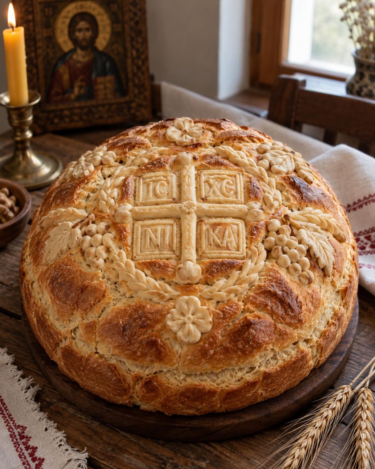 Tradicionalni slavski kolač sa krstom, pečatom IC XC NI KA i ukrasima od testa na svečanoj porodičnoj trpezi.