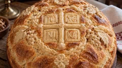 Tradicionalni slavski kolač sa krstom, pečatom IC XC NI KA i ukrasima od testa na svečanoj porodičnoj trpezi.