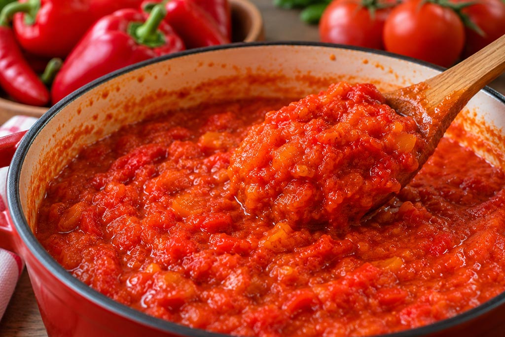 Krupni plan guste ljutenice od paradajza i paprika sa vidljivom teksturom kuvanog povrća
