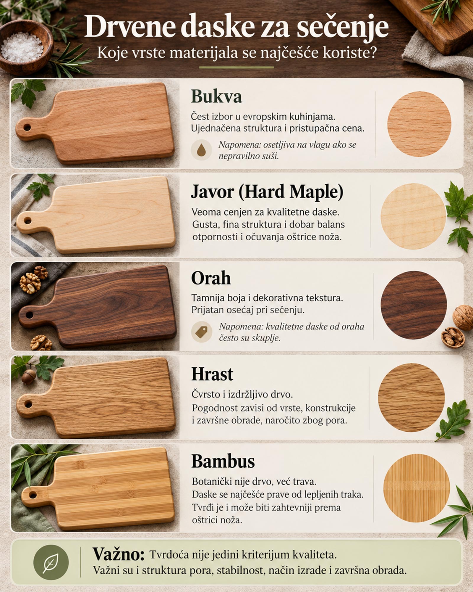 Infografika prikazuje daske za sečenje od bukve, javora, oraha, hrasta i bambusa, sa karakteristikama svakog materijala i prikazom teksture.